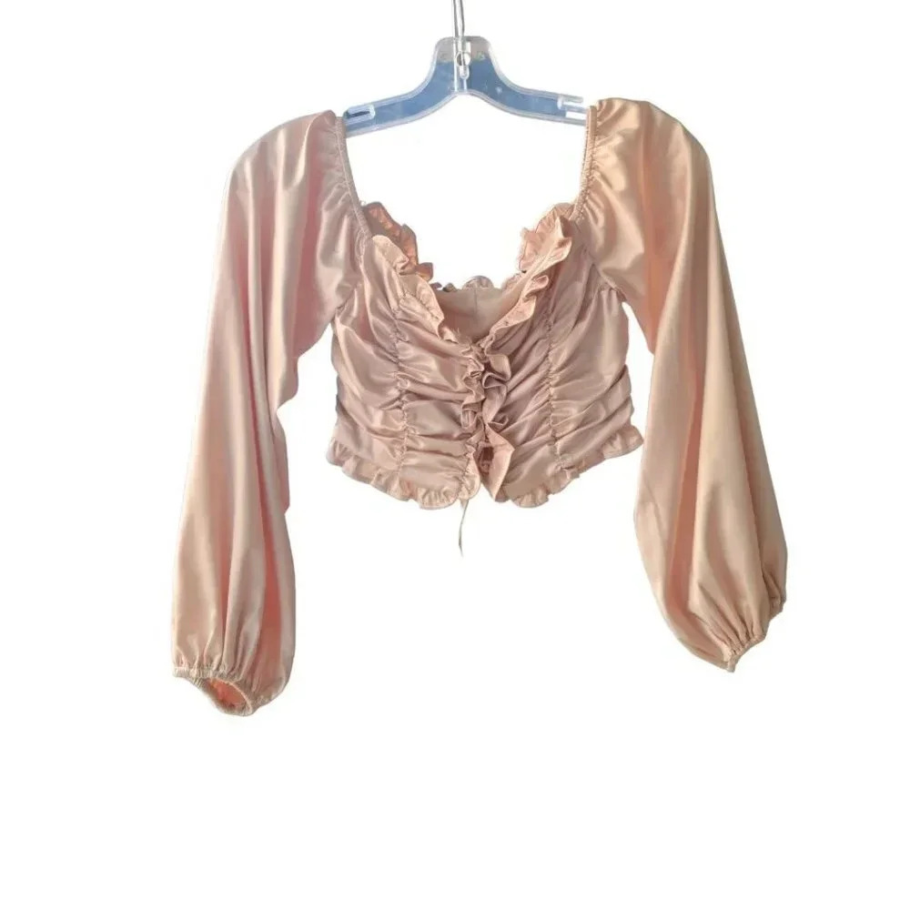 NWT Self The Store Long Sleeve Satin Tan Light  Brown Crop Top M
